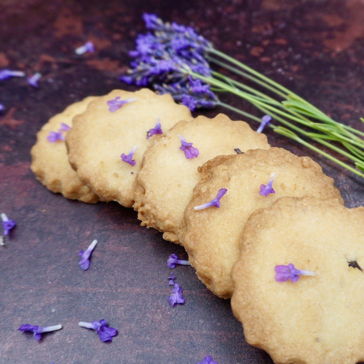 Five lavender shortbread biscuits next to some fresh lavender. 