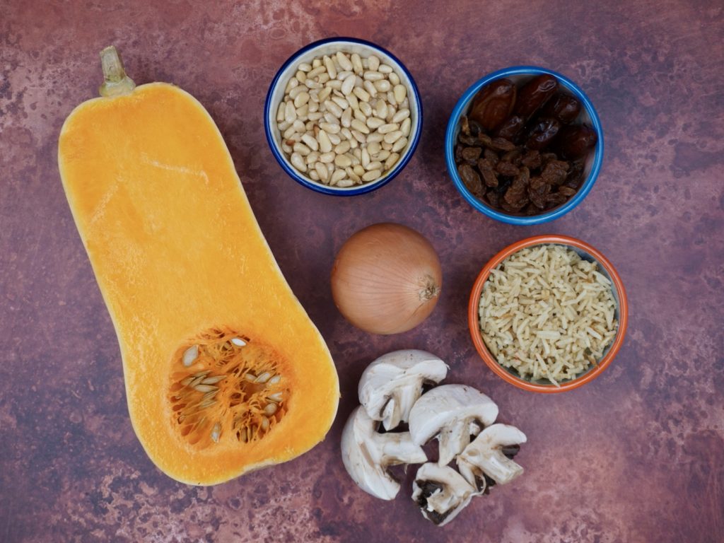 Ingredients for stuffed butternut squash with dates