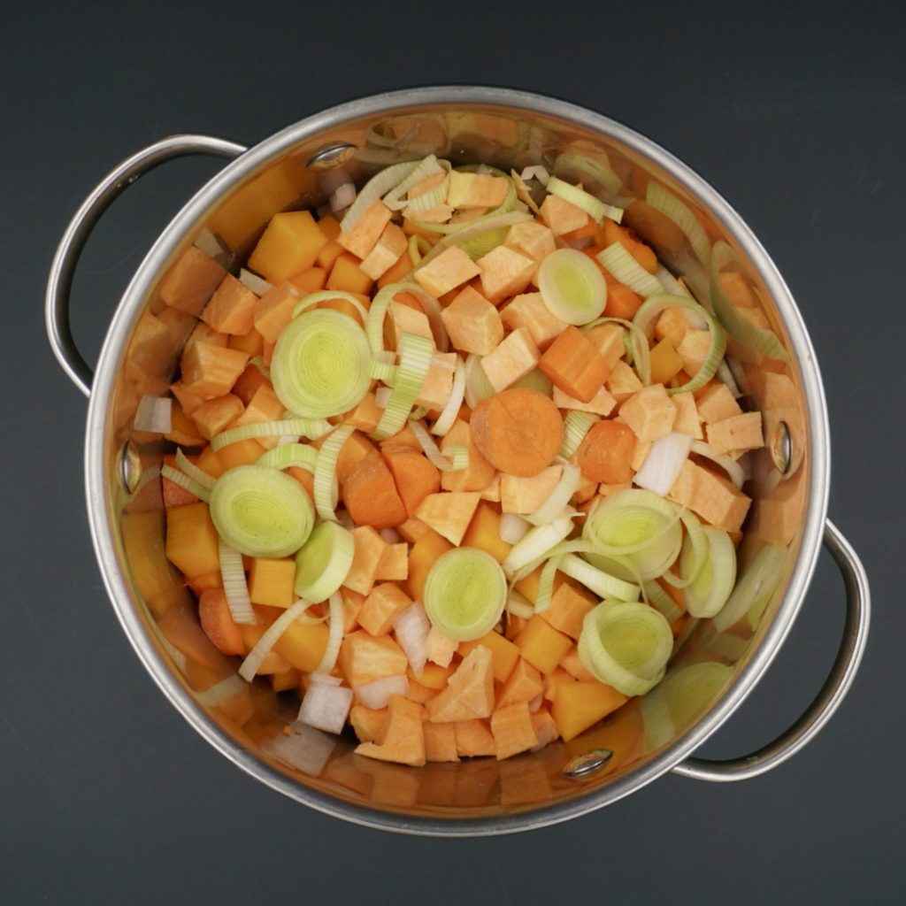 A pan of vegetables to make soup