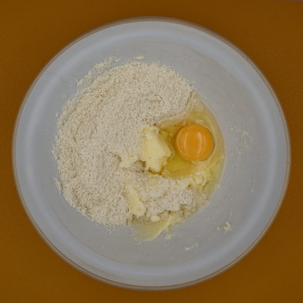 Frangipane cake ingredients in a baking bowl. 