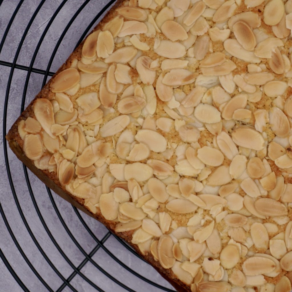 Almond slices cooling on a rack