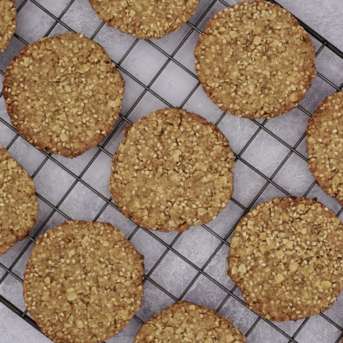 Sesame seed biscuits on a wire rack viewed from above