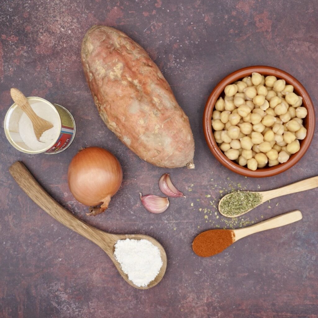 Sweet potato, chick peas, onion, garlic, oregano, paprika, flour and baking powder