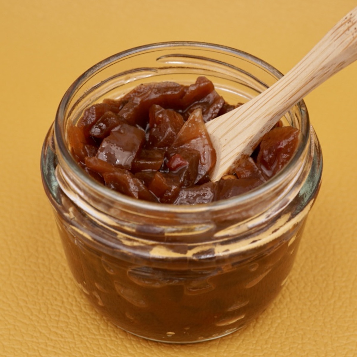 Caramelised red onion chutney in a jar.