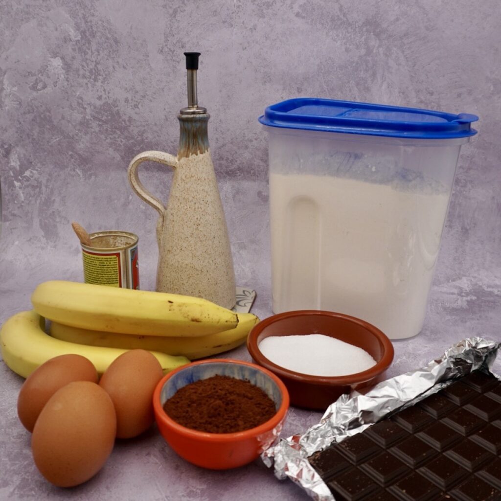 Ingredients for double chocolate banana muffins