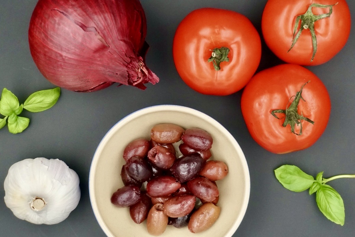 Tomatoes, red onion, Kalamata olives, garlic and basil