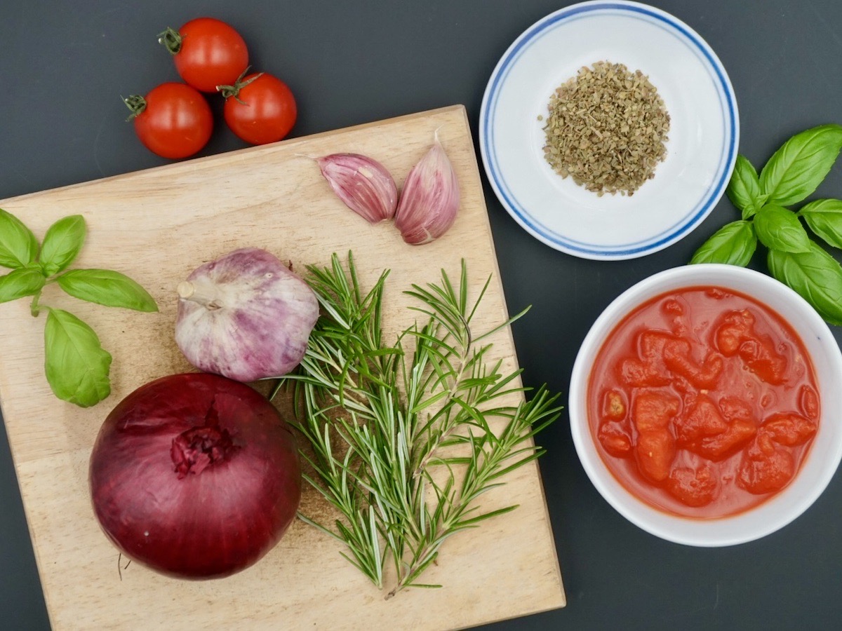 Selection of ingredients for tomato sauce for pasta
