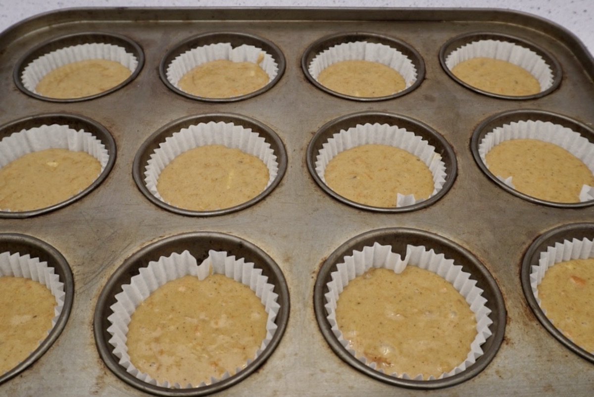 A tray of unbaked muffins