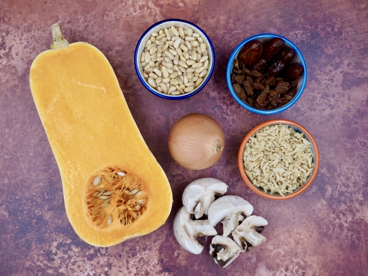 Half a butternut squash, pine nuts, dried fruit, rice, and onion and mushrooms