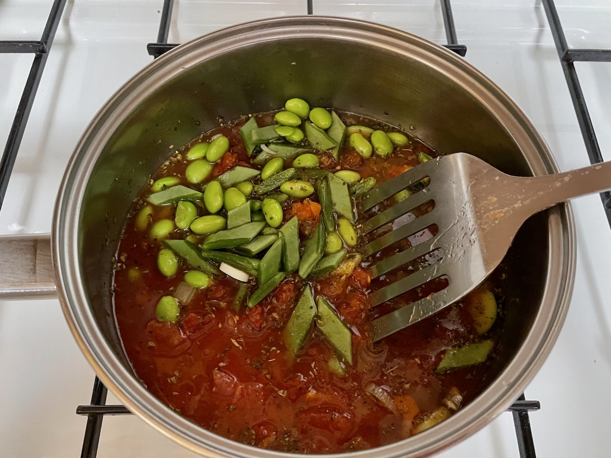 Preparing soup in a pan