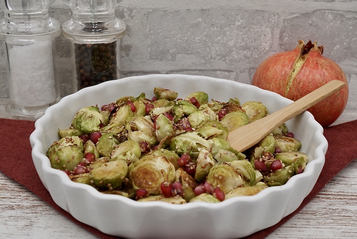 Roast sprouts with pomegranate and sesame seeds
