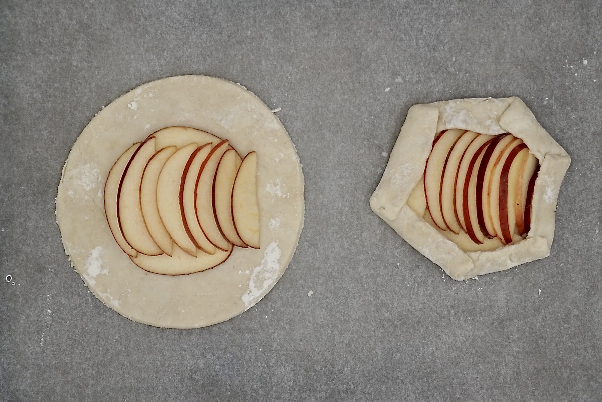 Slices of apple on two pastry circles