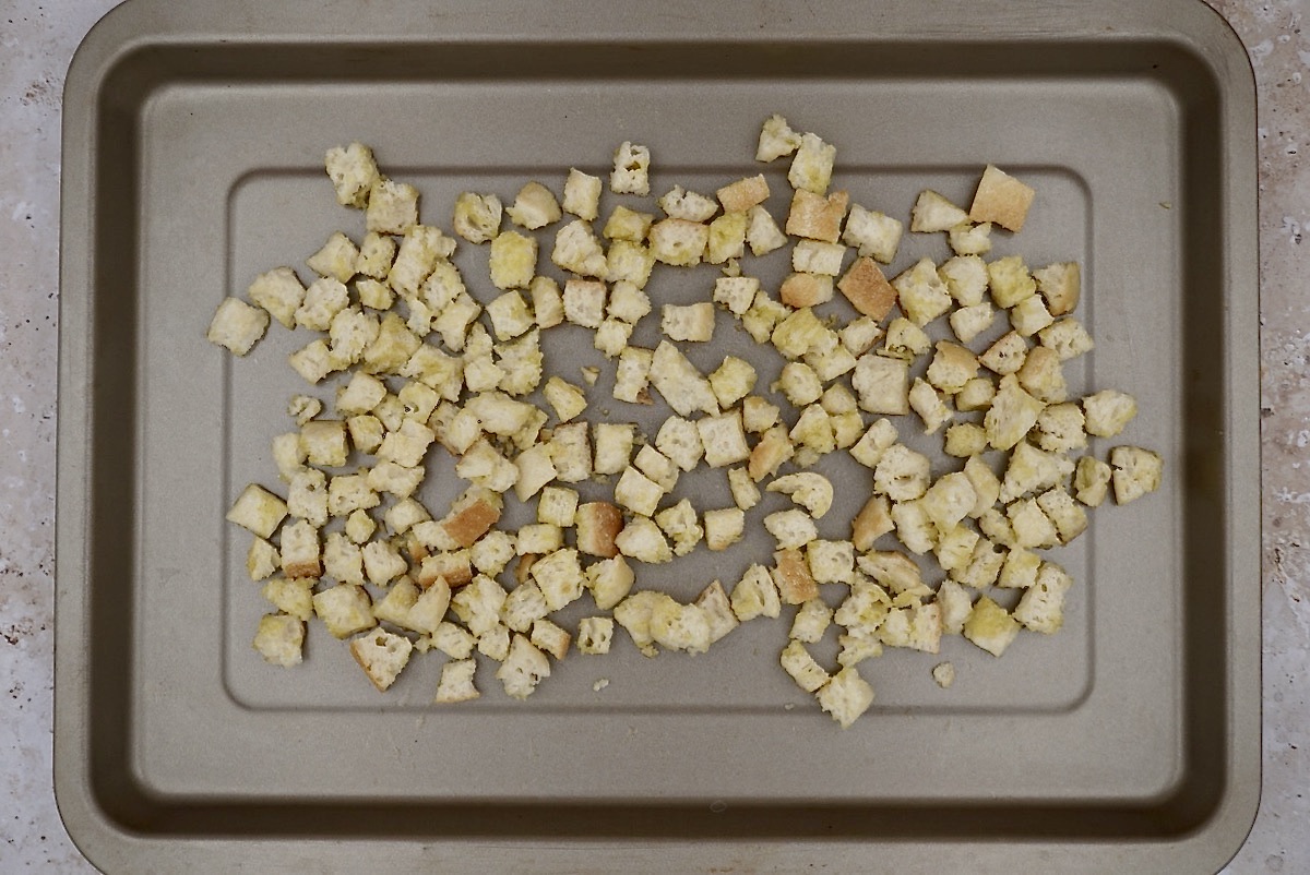 A tray of unbaked croutons