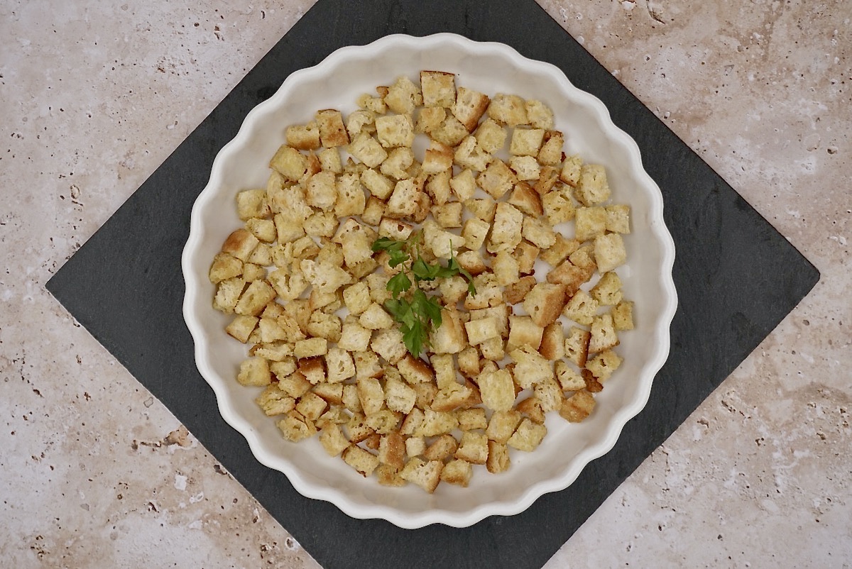 Homemade croutons in a serving bowl