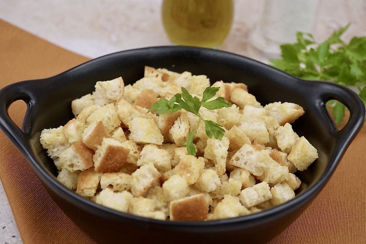 A bowl of homemade croutons
