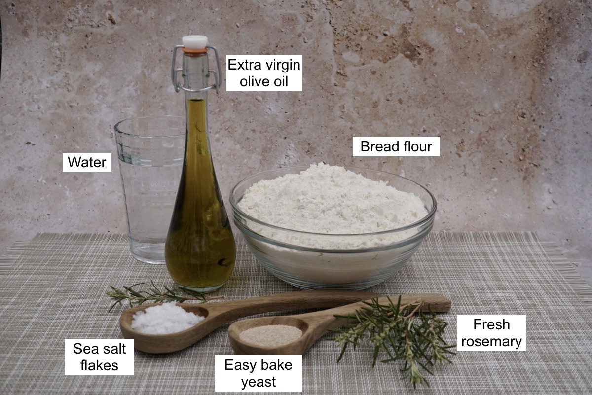 Olive oil, flour, water, salt and yeast