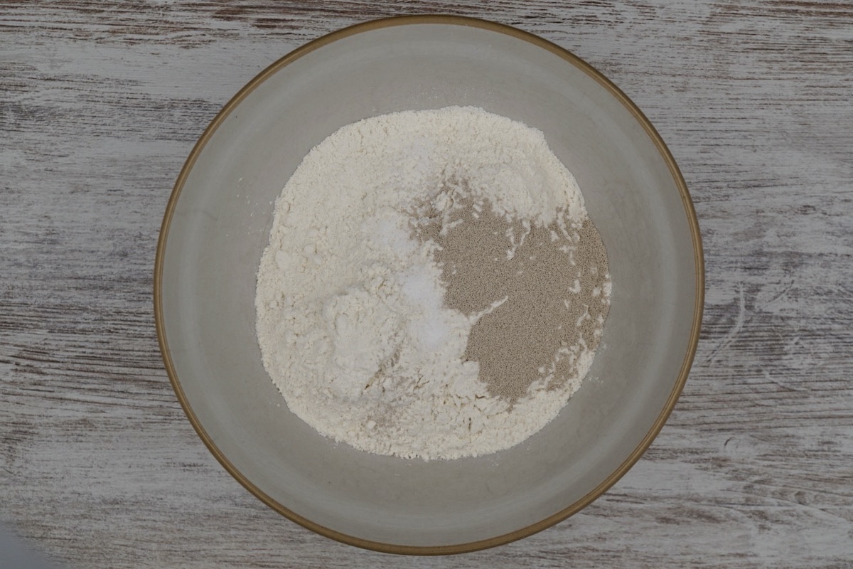A bowl with flour, salt and yeast