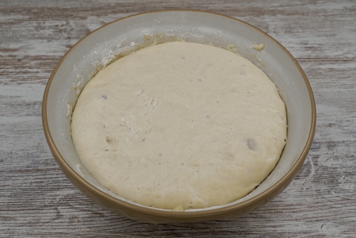 A bowl of bread dough after proving