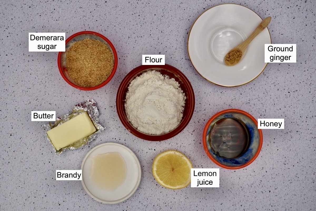 Sugar, flour, butter, brandy, lemon, honey and ground ginger.