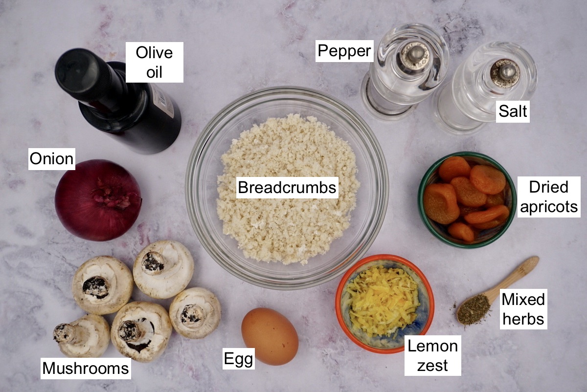 Labelled ingredients for mushroom and apricot stuffing