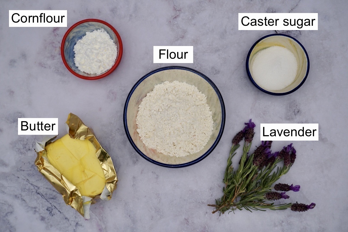 Flour, cornflour, caster sugar, butter and fresh lavender. 