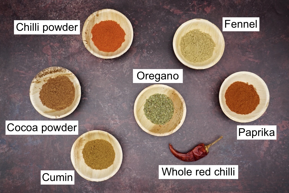Spices and herbs for chilli seasoning with labels