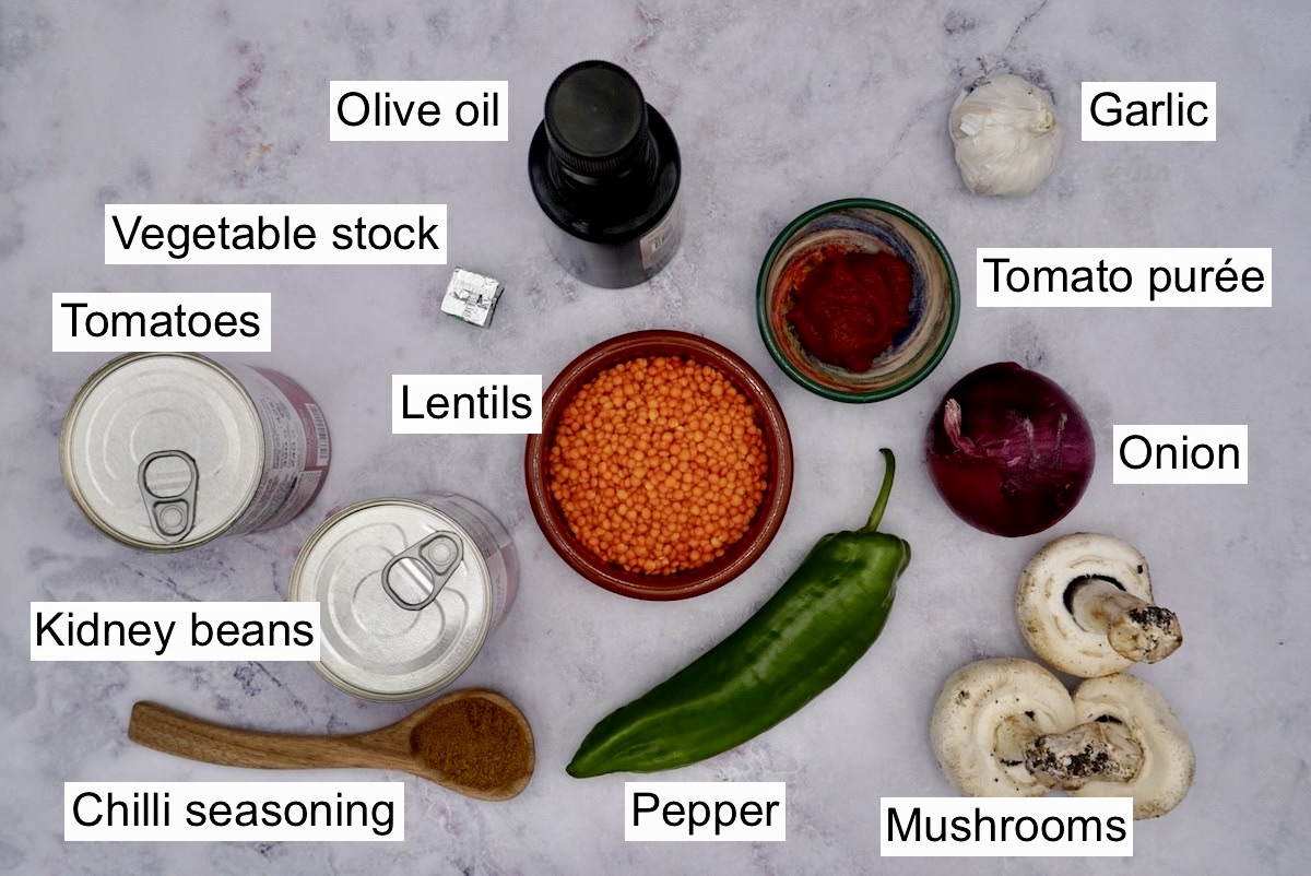 Ingredients for veggie chilli with labels