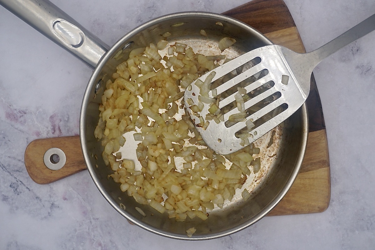 Cooked onions and garlic in a pan