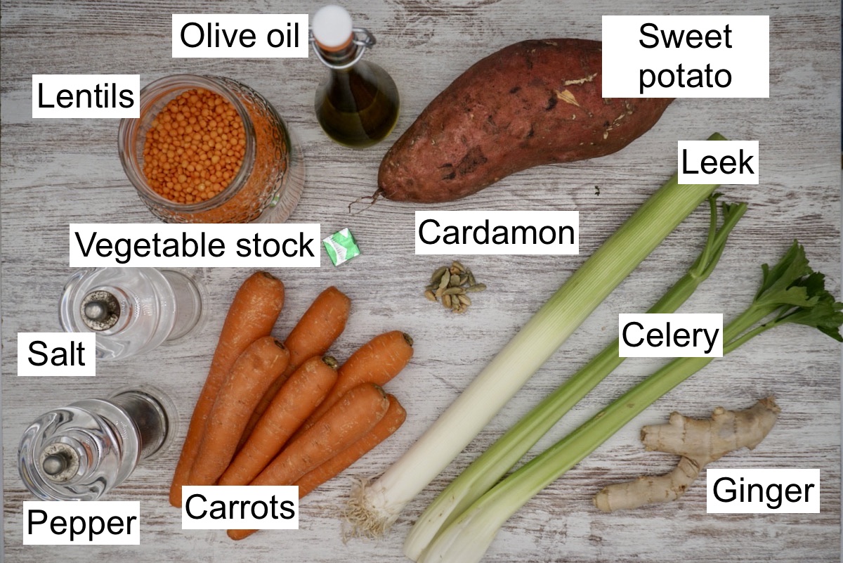 Labelled ingredients for spicy carrot and lentil soup.