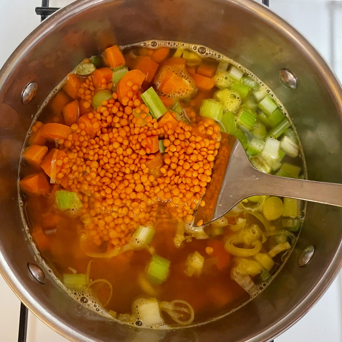 Overhead view of soup ingredients in a pan.