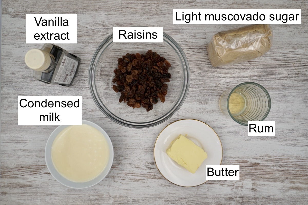 Labelled ingredients for rum and raisin fudge.
