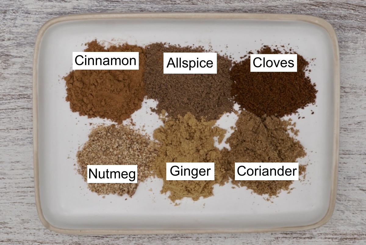 Labelled spice ingredients for mixed spice on a white plate.