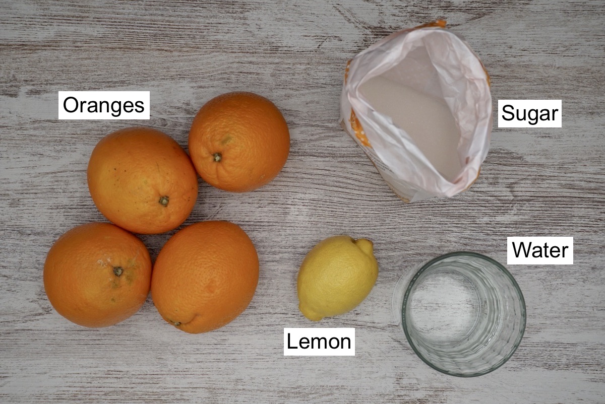 Labelled ingredients for Seville orange marmalade.
