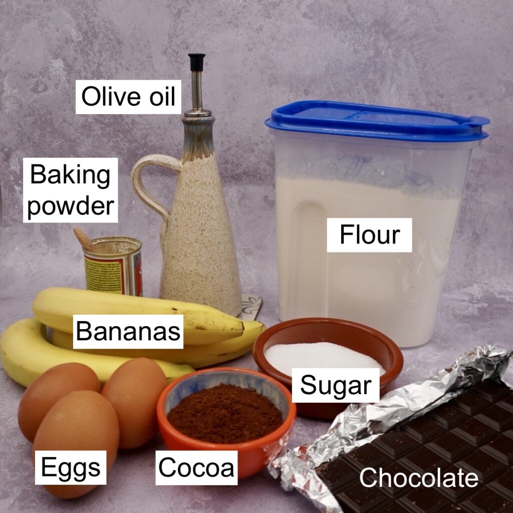 Labelled ingredients for chocolate banana muffins.