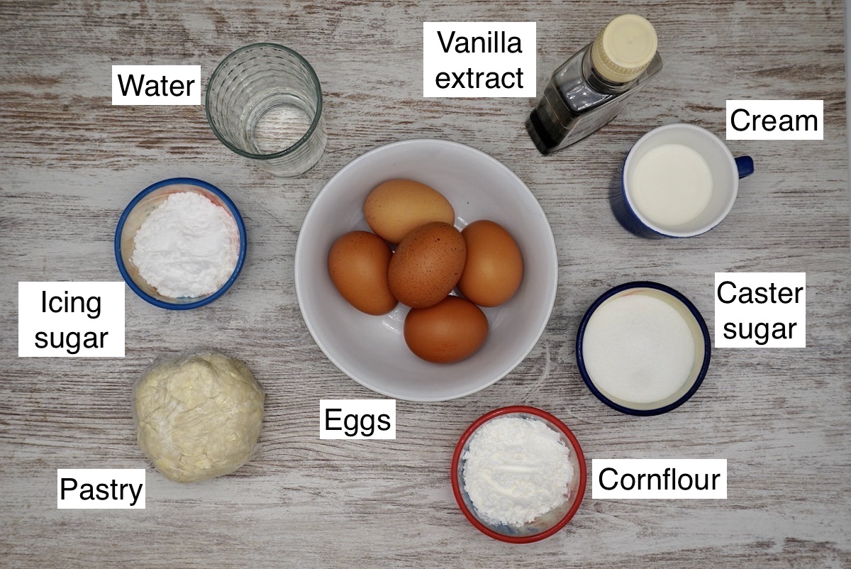 Labelled ingredients for vanilla slices.