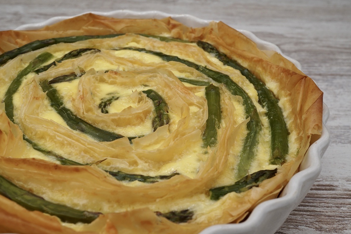 Asparagus quiche made using filo pastry.
