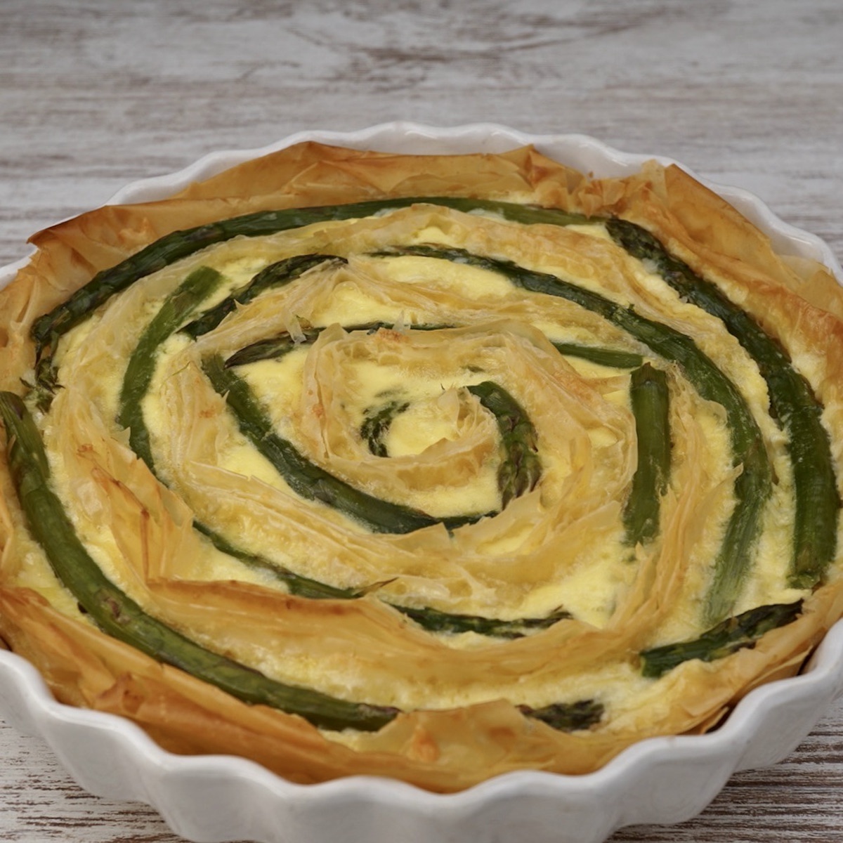 Asparagus quiche made using filo pastry.