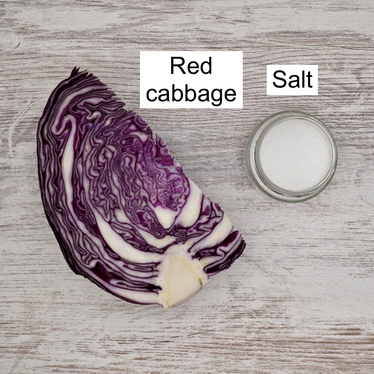 A wedge of red cabbage and a jar of salt with annotation.