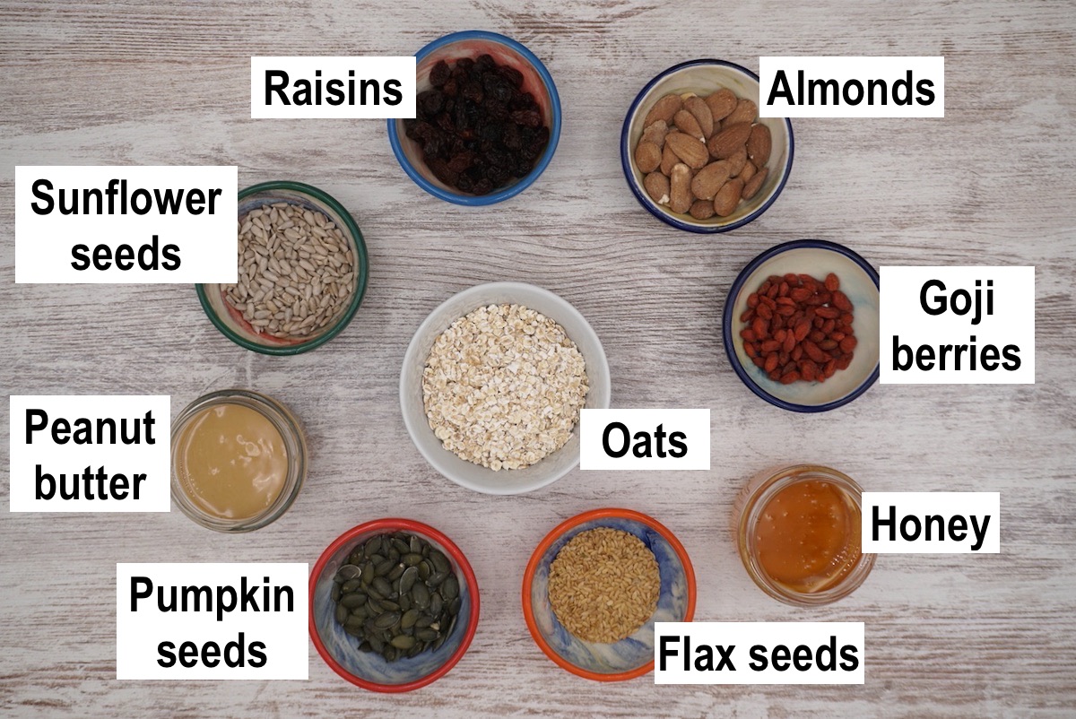 Labelled ingredients for no bake granola bars.