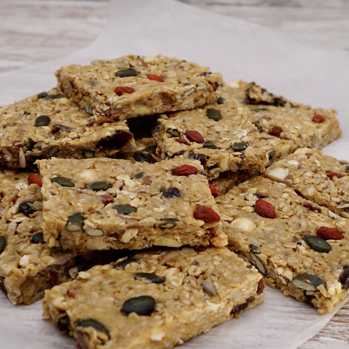 A stack of homemade granola bars. 