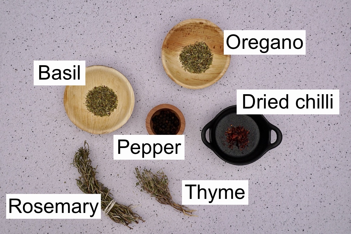 Labelled ingredients for homemade seasoning blend for pasta sauce.