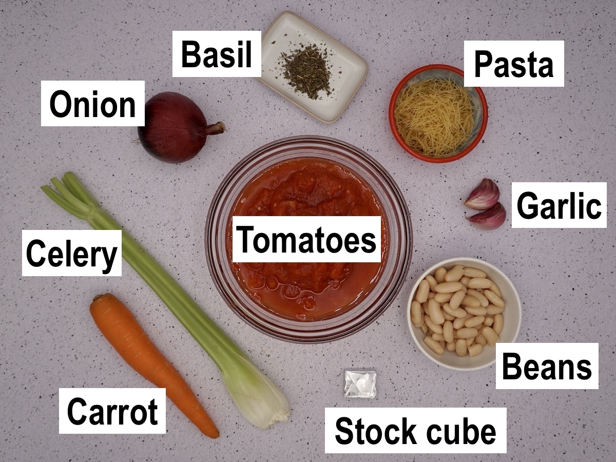 Labelled ingredients for tomato and bean soup.