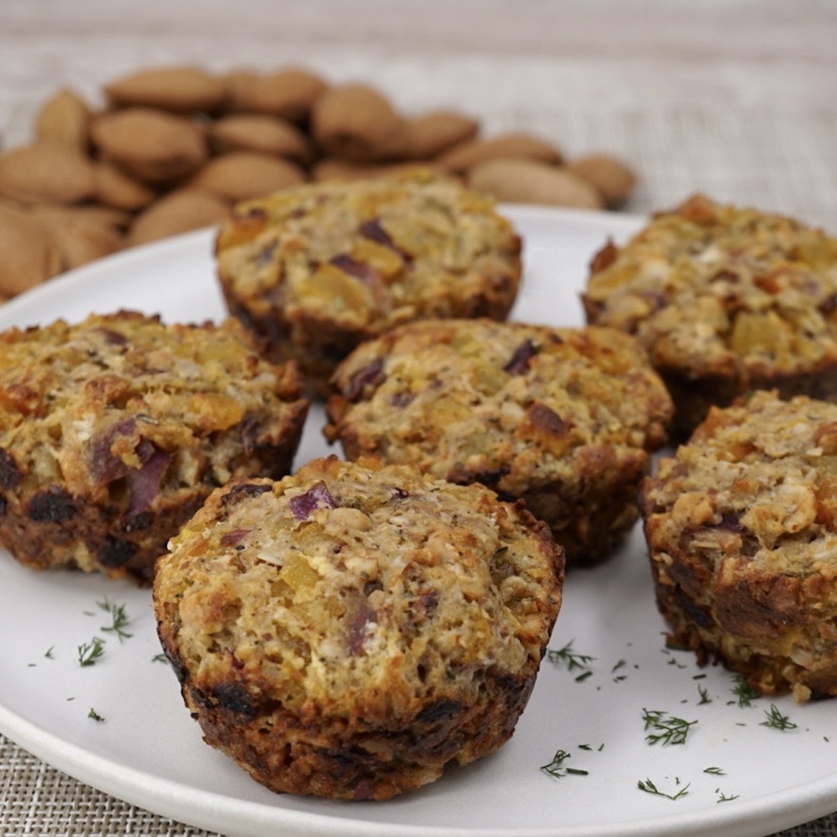 A plate with six individual nut roasts. 
