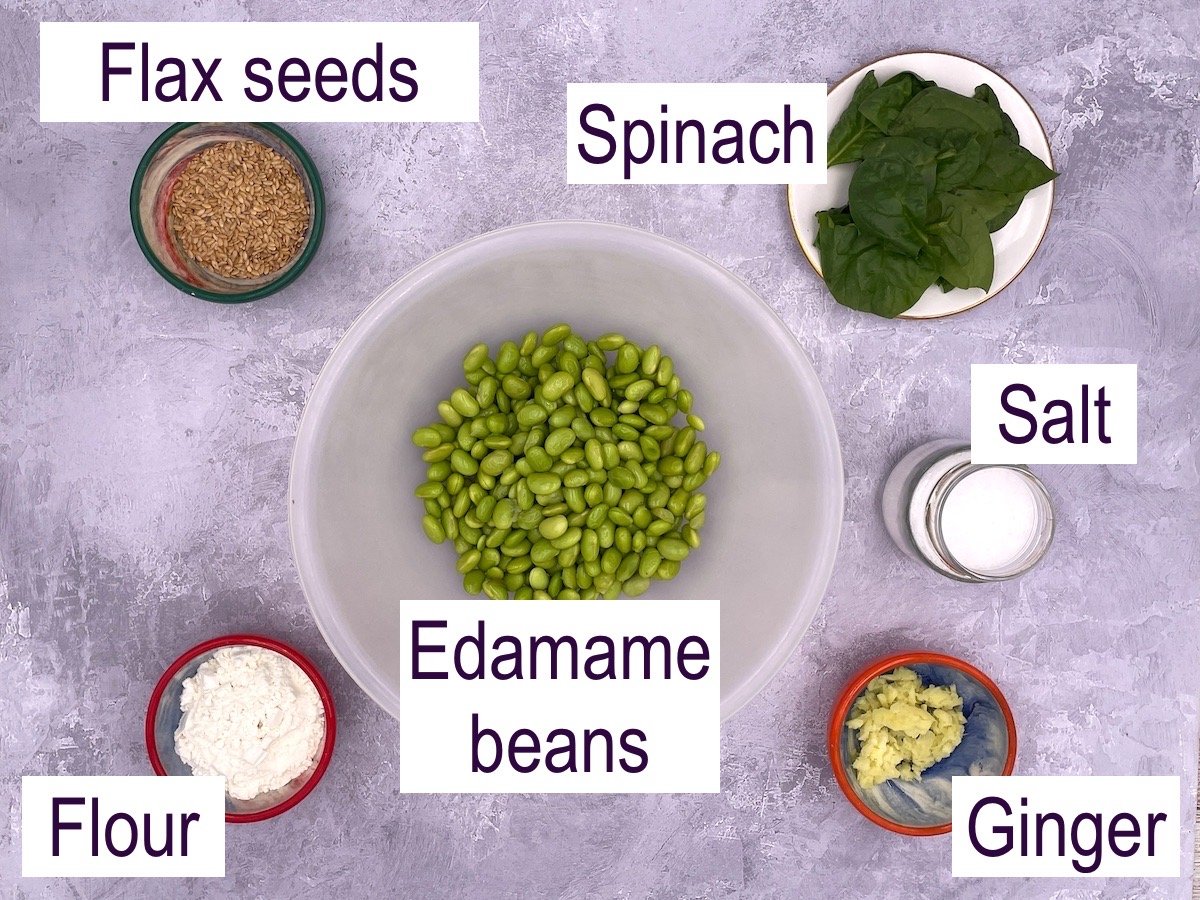 Ingredients for edamame fritters with text.