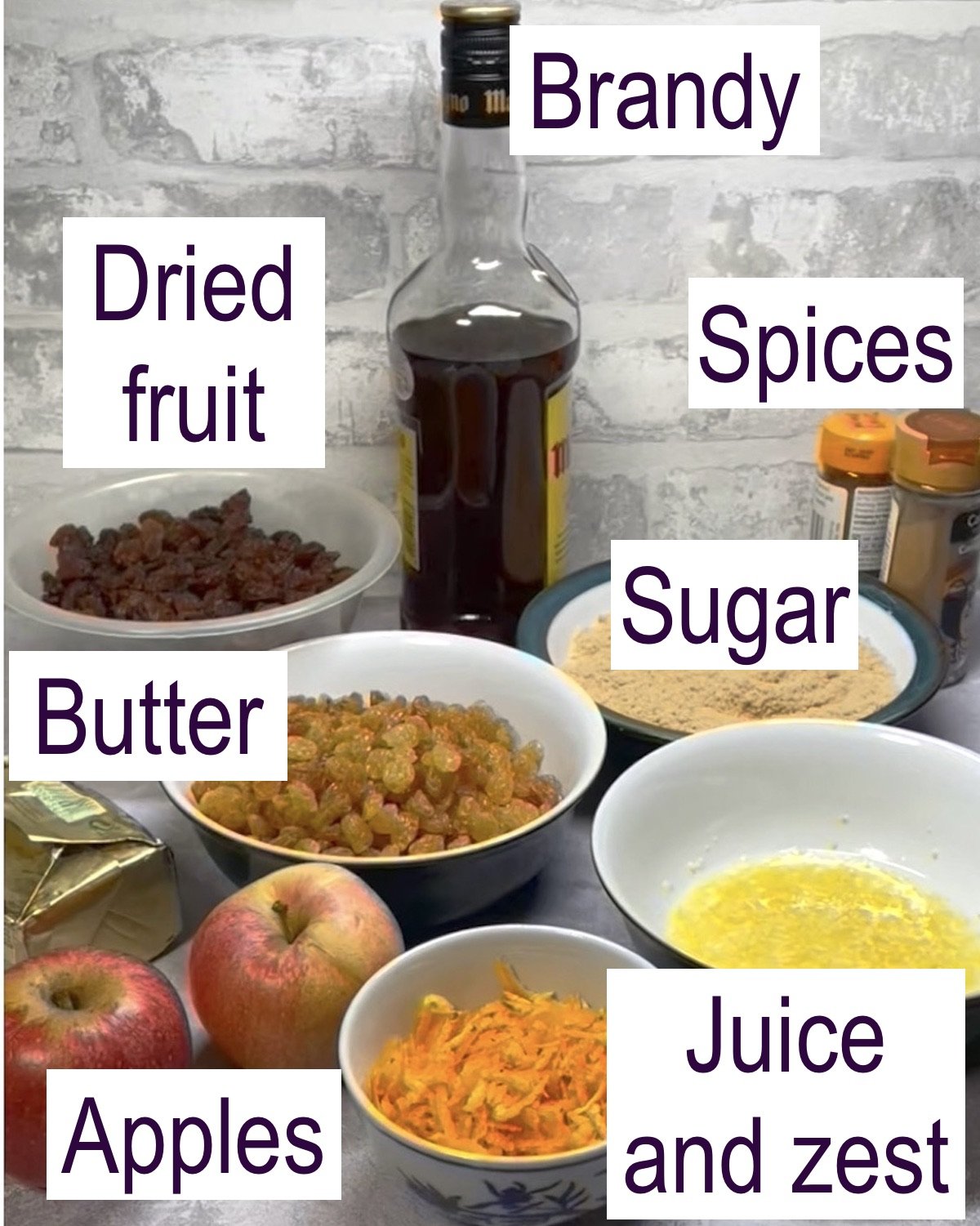 Annotated ingredients for homemade mincemeat.