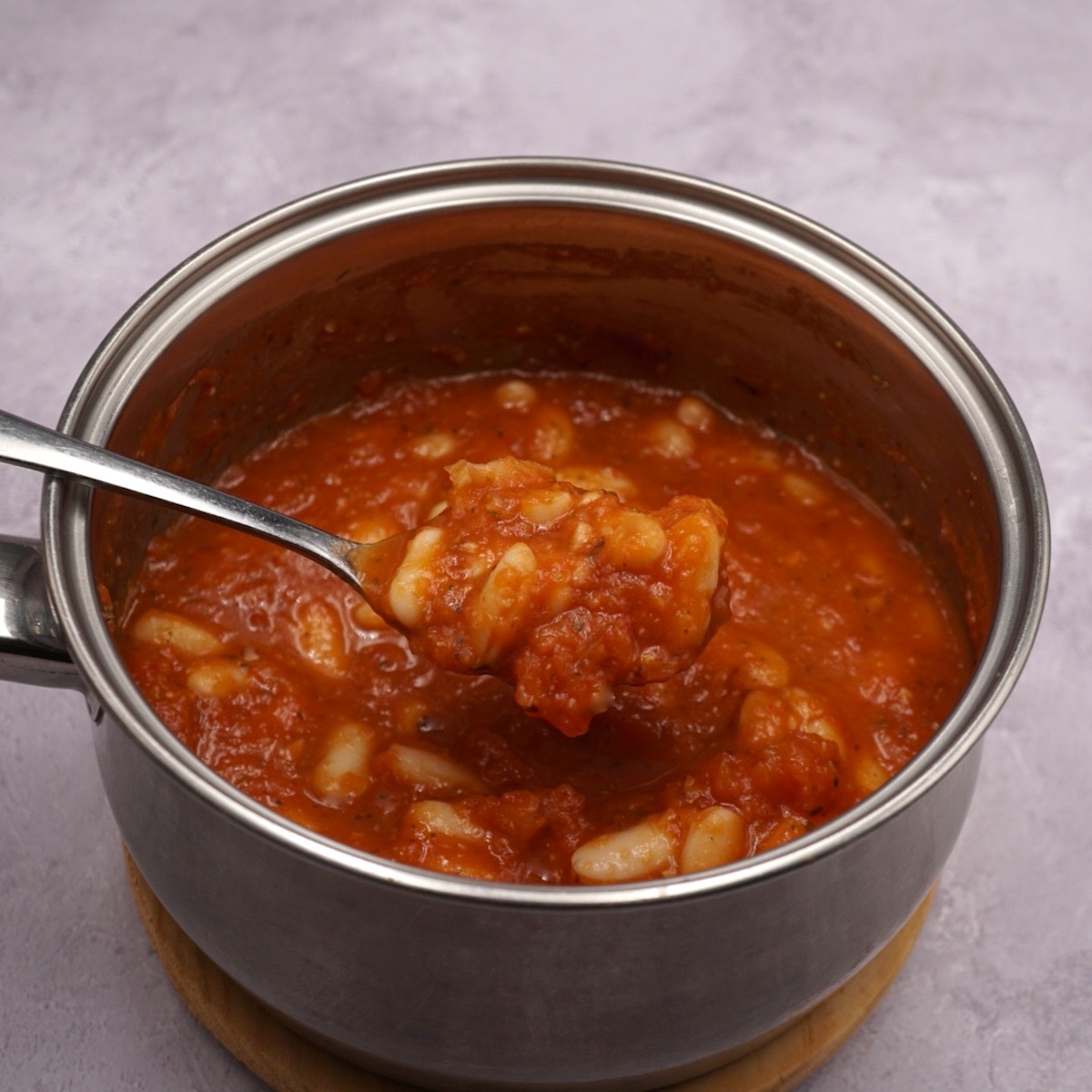A pan of homemade baked beans. 