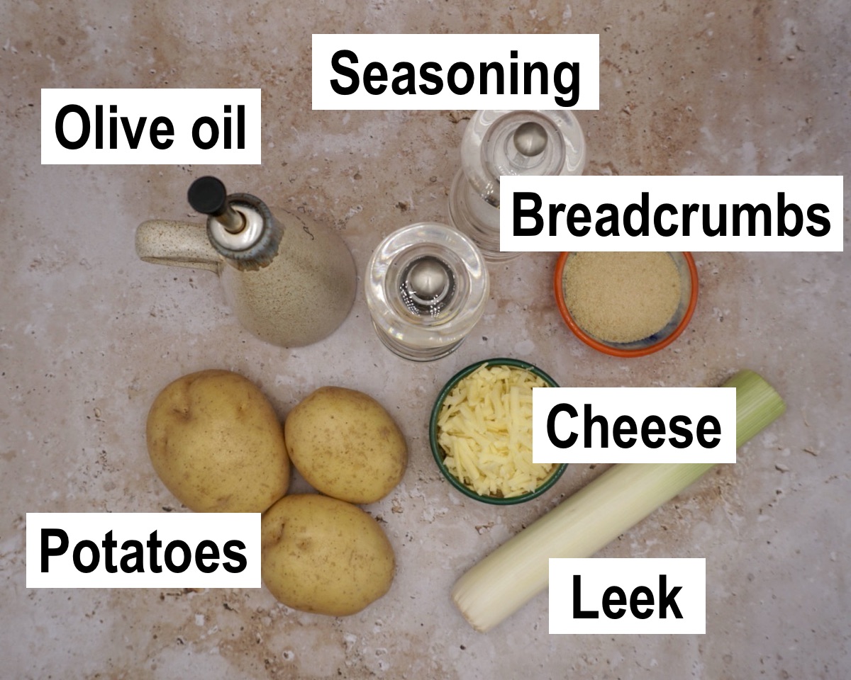 Annotated photo of ingredients for cheesy potato croquettes.