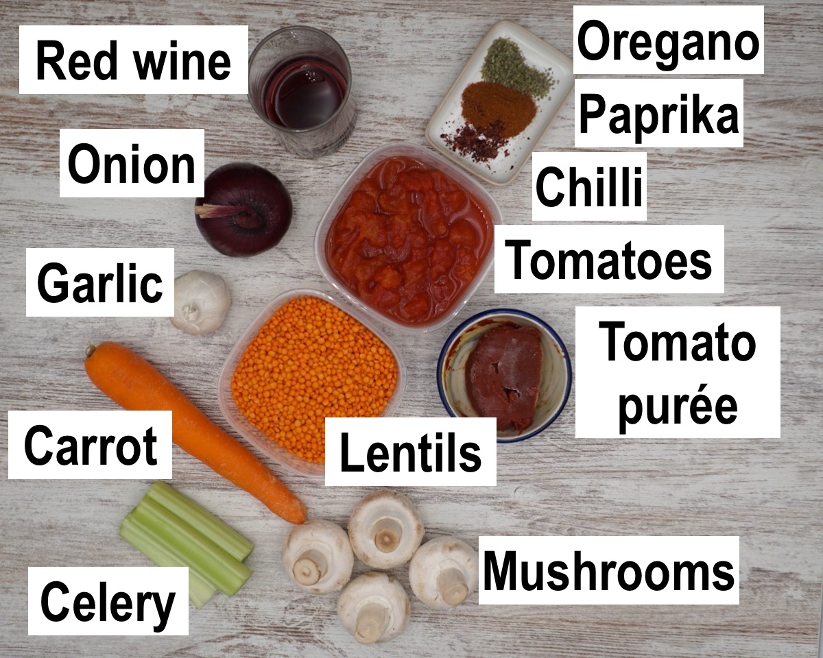 Annotated ingredients for red lentil ragout.