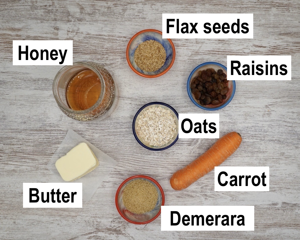 Annotated ingredients for carrot flapjacks.
