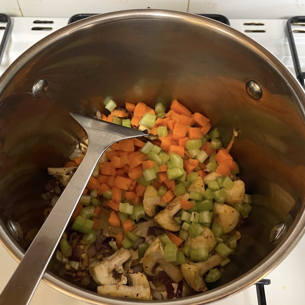 Chopped vegetables in a pan.